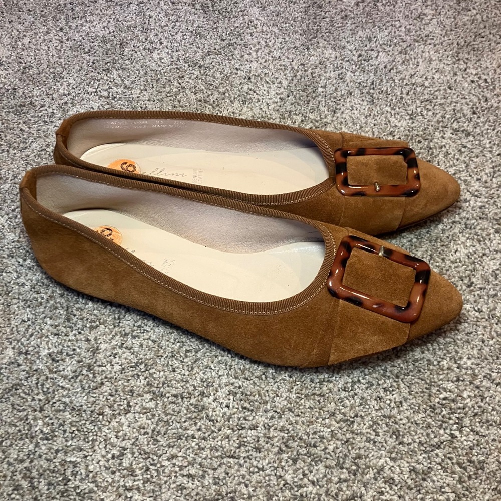 Avellini Brown Suede Pointed Toe Flats Tortoise Shell Buckle 9.5 EU 41 - Picture 2 of 8